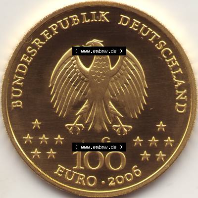 Deutschland 100 Euro Goldmünze 2006, UNESCO Klassisches Weimar. Rückseite mit dem Deutschen Adler der 100 Euro Goldmünze aus Deutschland der BRD.Hier auf EMBMV befindet... Sammlung