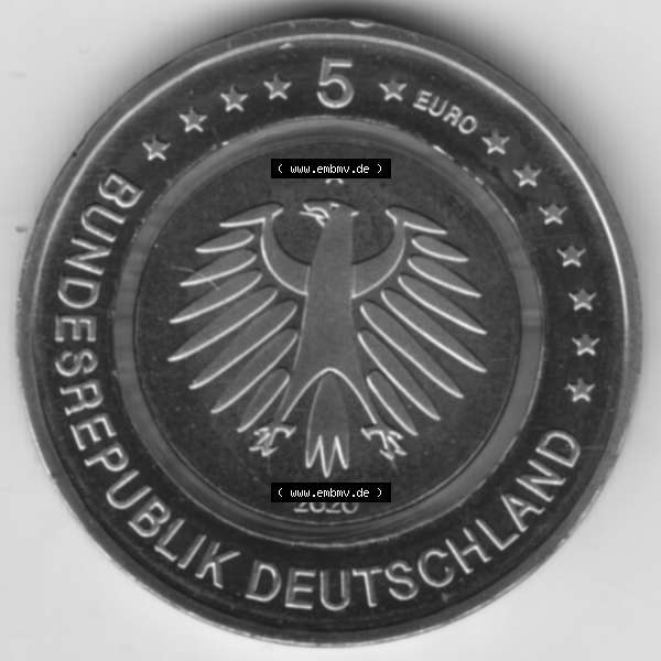Grau bzw. s/w Münzen Deutschland Gedenkmünze 2020, 5 Euro Subpolare Zone A 1200 DPI Rückseite zum herunterladen als Bildmaterial für ihre Sammlung der 5 Euro Münzen aus Deutschland Sammlung Graustufen