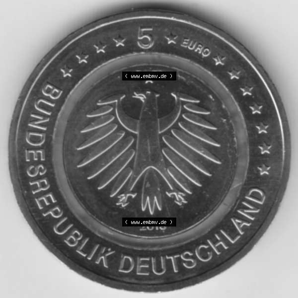 Grau bzw. s/w Münzen Deutschland Gedenkmünze 2018, 5 Euro Subtropische Zone A 1200 DPI Rückseite zum herunterladen als Bildmaterial für ihre Sammlung der 5 Euro Münzen aus Deutschland Sammlung Graustufen