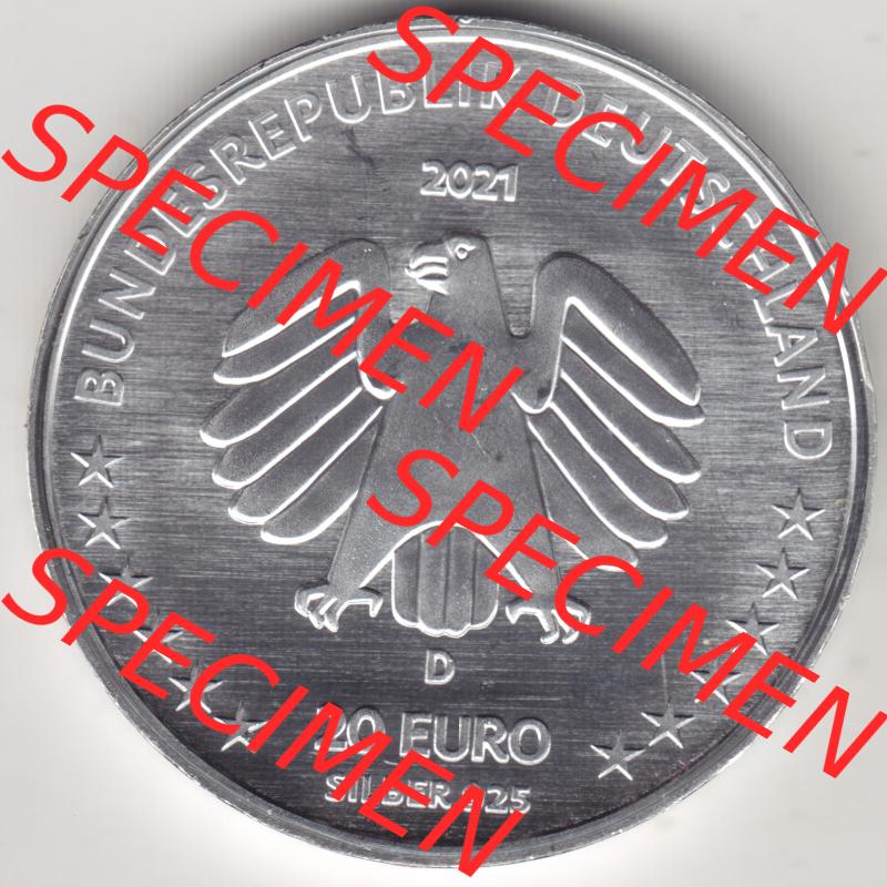 Silbermünze Deutschland 2021, 20 Euro Gedenkmünze 2021, 100. Geburtstag Sophie Scholl Münzzeichen D, Rückseite in 1200DPI zum herunterladen als Bildmaterial... Sammlung