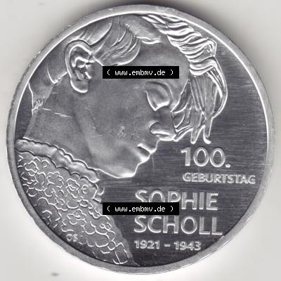 Silbermünze Deutschland 2021, 20 Euro Gedenkmünze 2021, 100. Geburtstag Sophie Scholl Münzzeichen D, Vorderseite in 800DPI zum herunterladen als Bildmaterial für... Sammlung