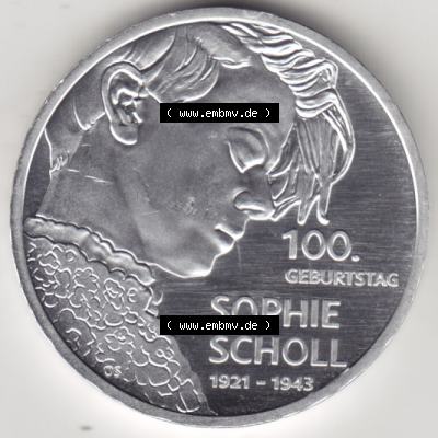 Silbermünze Deutschland 2021, 20 Euro Gedenkmünze 2021, 100. Geburtstag Sophie Scholl Münzzeichen D, Vorderseite in 400DPI zum herunterladen als Bildmaterial für... Sammlung