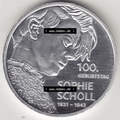 Silbermünze Deutschland 2021, 20 Euro Gedenkmünze 2021, 100. Geburtstag Sophie Scholl Münzzeichen D, Vorderseite in 800DPI... Sammlung