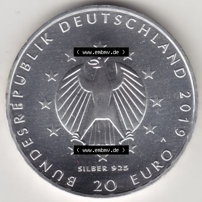 Silbermünze Deutschland 2019, 20 Euro Gedenkmünze 2019, 100 Jahre Weimarer Reichsverfassung Münzzeichen A, Rückseite in 1200DPI zum herunterladen als Bildmaterial... Sammlung