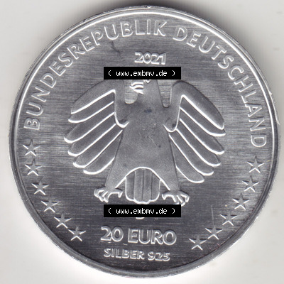 Silbermünze Deutschland 2021, 20 Euro Gedenkmünze 2021, 100. Geburtstag Sophie Scholl Münzzeichen D, Rückseite in 600DPI zum... Sammlung