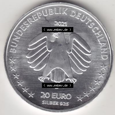 Silbermünze Deutschland 2021, 20 Euro Gedenkmünze 2021, 100. Geburtstag Sophie Scholl Münzzeichen D, Rückseite in 800DPI zum herunterladen als Bildmaterial... Sammlung