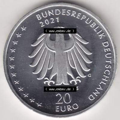Silbermünze Deutschland 2021, 20 Euro Gedenkmünze 2021, 200. Geburtstag Sebastian Kneipp, Münzzeichen G, Rückseite in 1200DPI... Sammlung