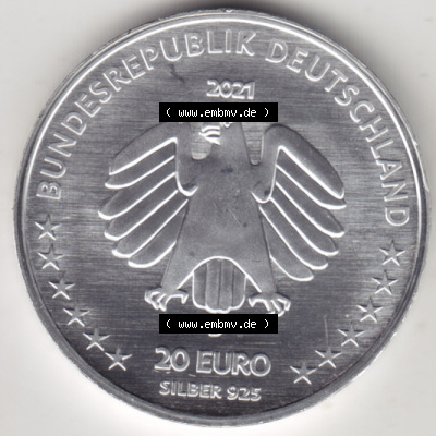 Silbermünze Deutschland 2021, 20 Euro Gedenkmünze 2021, 100. Geburtstag Sophie Scholl Münzzeichen D, Rückseite in 400DPI zum... Sammlung
