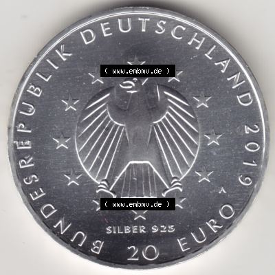 Silbermünze Deutschland 2019, 20 Euro Gedenkmünze 2019, 100 Jahre Weimarer Reichsverfassung Münzzeichen A, Rückseite in 800DPI zum herunterladen als Bildmaterial für... Sammlung