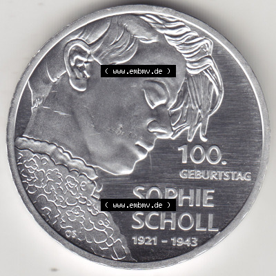 Silbermünze Deutschland 2021, 20 Euro Gedenkmünze 2021, 100. Geburtstag Sophie Scholl Münzzeichen D, Vorderseite in 600DPI... Sammlung