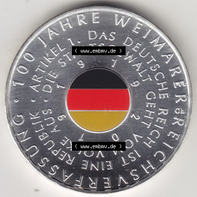 Silbermünze Deutschland 2019, 20 Euro Gedenkmünze 2019, 100 Jahre Weimarer Reichsverfassung Münzzeichen A, Vorderseite in 1200DPI... Sammlung