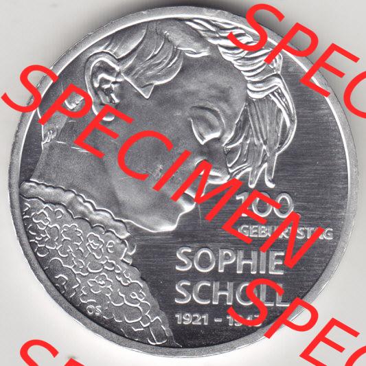 Silbermünze Deutschland 2021, 20 Euro Gedenkmünze 2021, 100. Geburtstag Sophie Scholl Münzzeichen D, Vorderseite in 400DPI zum herunterladen als Bildmaterial für... Sammlung