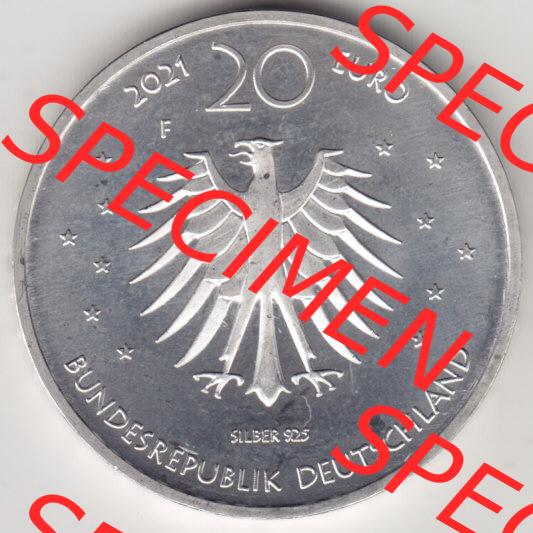 Silbermünze Deutschland 2021, 20 Euro Gedenkmünze 2021, Grimms Märchen Frau Holle Münzzeichen F, Rückseite in 400DPI zum herunterladen als Bildmaterial für... Sammlung