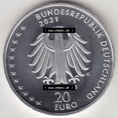 Silbermünze Deutschland 2021, 20 Euro Gedenkmünze 2021, 200. Geburtstag Sebastian Kneipp, Münzzeichen G, Rückseite in 400DPI zum herunterladen als Bildmaterial... Sammlung