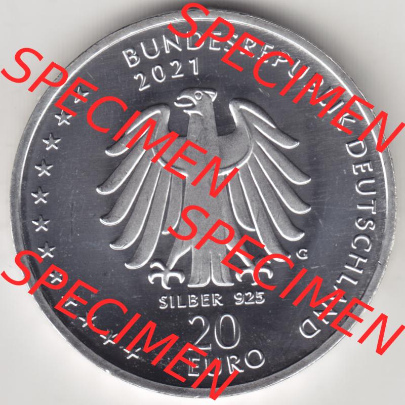 Silbermünze Deutschland 2021, 20 Euro Gedenkmünze 2021, 200. Geburtstag Sebastian Kneipp, Münzzeichen G, Rückseite in 800DPI (1) Sammlung