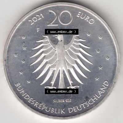 Silbermünze Deutschland 2021, 20 Euro Gedenkmünze 2021, Grimms Märchen Frau Holle Münzzeichen F, Rückseite in 1200DPI (1) Sammlung