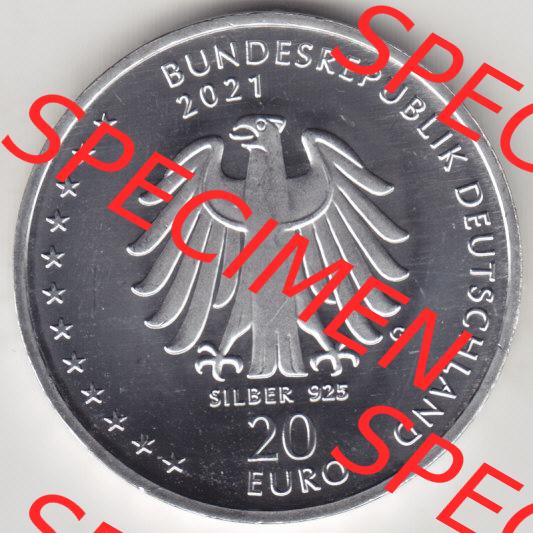 Silbermünze Deutschland 2021, 20 Euro Gedenkmünze 2021, 200. Geburtstag Sebastian Kneipp, Münzzeichen G, Rückseite in 400DPI zum herunterladen als Bildmaterial... Sammlung