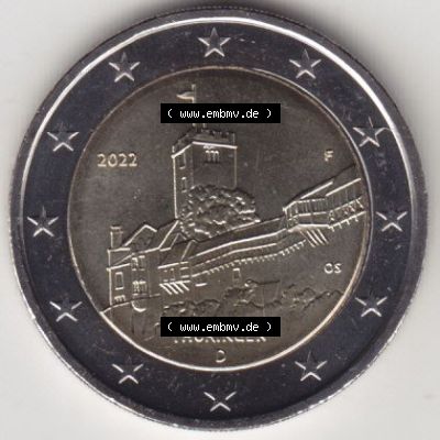 BRD-Deutschland 2 Euro Gedenkmünze 2022, 2 Euro Gedenkmünze 2022, Thüringen - Wartburg Münzzeichen F in 400DPI, die deutschen 2 Euro Gedenkmünzen 2022 als Digitale... Sammlung