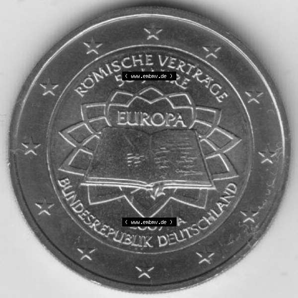 Grau bzw. s/w BRD-Deutschland 2 Euro Gedenkmünze 2007, 2 Euro Gedenkmünze 2007 50 Jahre Römische Verträge Münzzeichen A in 400DPI, die deutschen 2 Euro Gedenkmünzen 2007 stehen... Sammlung Graustufen