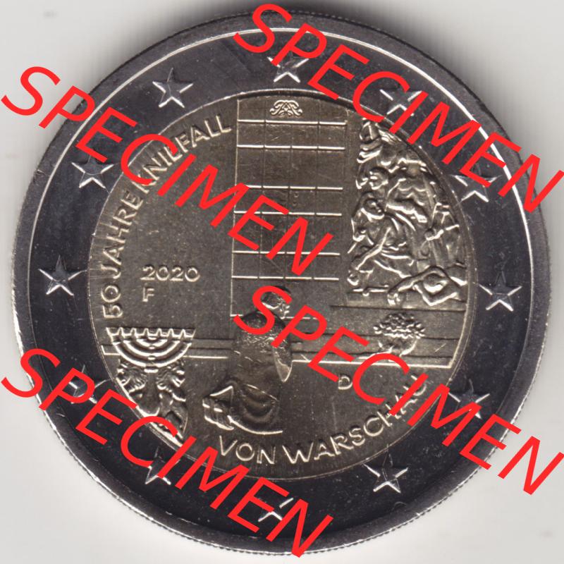 BRD-Deutschland 2 Euro Gedenkmünze 2020, 2 Euro Gedenkmünze 2020, 50 Jahre Kniefall von Warschau Münzzeichen F in 1200DPI, die deutschen 2 Euro Gedenkmünzen 2020 als... Sammlung