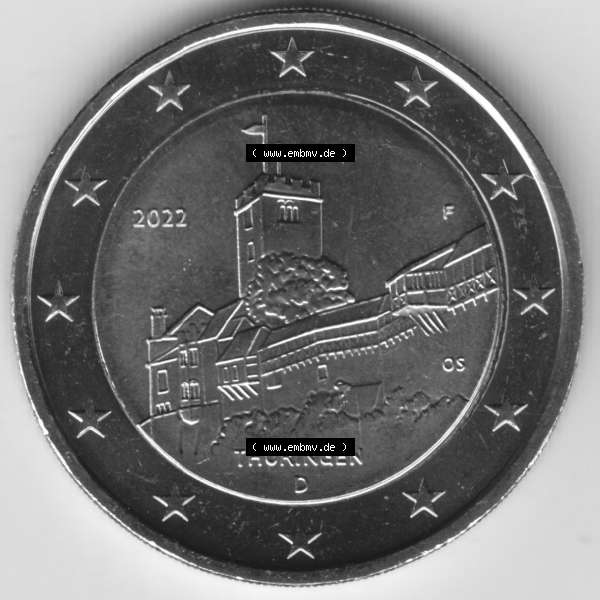 Grau bzw. s/w BRD-Deutschland 2 Euro Gedenkmünze 2022, 2 Euro Gedenkmünze 2022, Thüringen - Wartburg Münzzeichen F in 1200DPI, die deutschen 2 Euro Gedenkmünzen 2022 als Digitale... Sammlung Graustufen