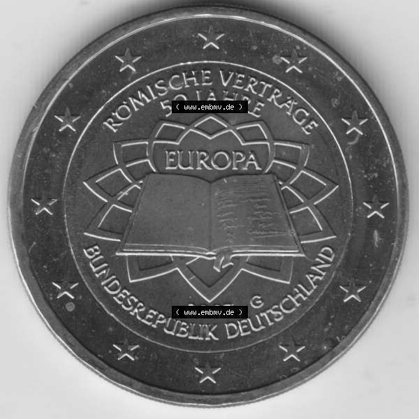 Grau bzw. s/w BRD-Deutschland 2 Euro Gedenkmünze 2007, 2 Euro Gedenkmünze 2007 50 Jahre Römische Verträge Münzzeichen G in 1200DPI. Hier die deutschen 2 Euro Gedenkmünzen 2007... Sammlung Graustufen