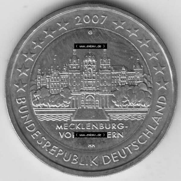 Grau bzw. s/w BRD-Deutschland 2 Euro Gedenkmünze 2007, 2 Euro Gedenkmünze 2007 Mecklenburg Vorpommern Münzzeichen G in 600DPI, die deutschen 2 Euro Gedenkmünzen 2007 stehen als Digitale... Sammlung Graustufen