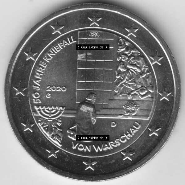 Grau bzw. s/w BRD-Deutschland 2 Euro Gedenkmünze 2020, 2 Euro Gedenkmünze 2020, 50 Jahre Kniefall von Warschau Münzzeichen G in 800DPI, die deutschen 2 Euro Gedenkmünzen 2020 als... Sammlung Graustufen