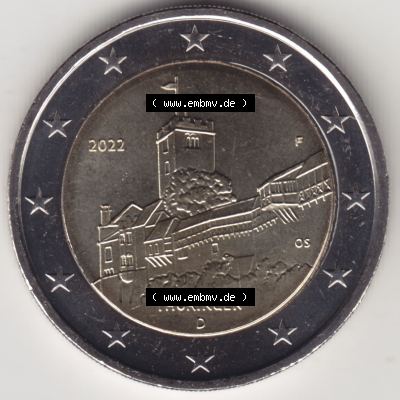 BRD-Deutschland 2 Euro Gedenkmünze 2022, 2 Euro Gedenkmünze 2022, Thüringen - Wartburg Münzzeichen F in 1200DPI, die deutschen 2 Euro Gedenkmünzen 2022 als Digitale... Sammlung
