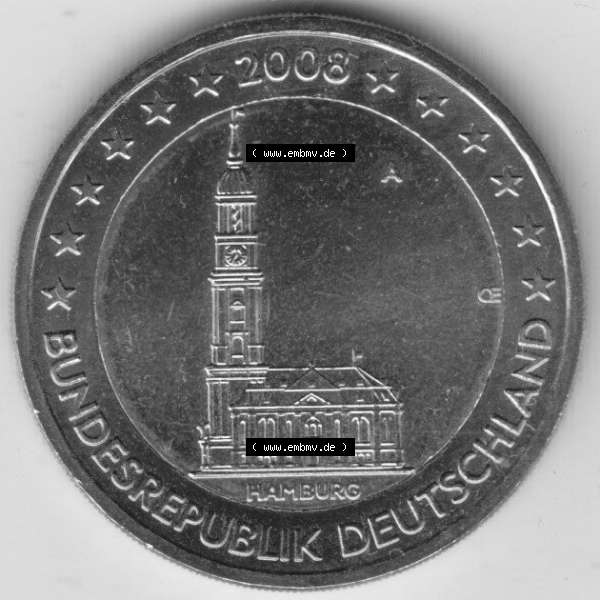 Grau bzw. s/w BRD-Deutschland 2 Euro Gedenkmünze 2008, 2 Euro Gedenkmünze 2008 Hamburg Münzzeichen A in 600DPI, die deutschen 2 Euro Gedenkmünzen 2008 stehen als Digitale Bilder zum herunterladen... Sammlung Graustufen