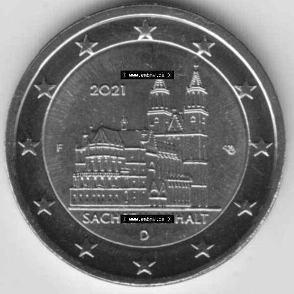 Grau bzw. s/w BRD-Deutschland 2 Euro Gedenkmünze 2021, 2 Euro Gedenkmünze 2021 Sachsen-Anhalt Münzzeichen F in 1200DPI, die deutschen 2 Euro Gedenkmünzen 2021 stehen als Digitale Bilder... Sammlung Graustufen