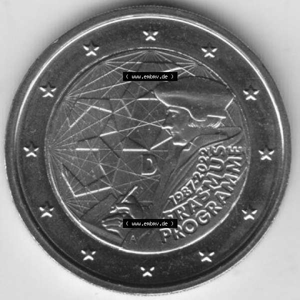 Grau bzw. s/w BRD-Deutschland 2 Euro Gedenkmünze 2022, 2 Euro Gedenkmünze 2022, 35 Jahre Erasmus-Programm Münzzeichen A in 400DPI, die deutschen 2 Euro Gedenkmünzen 2022 als Digitale... Sammlung Graustufen