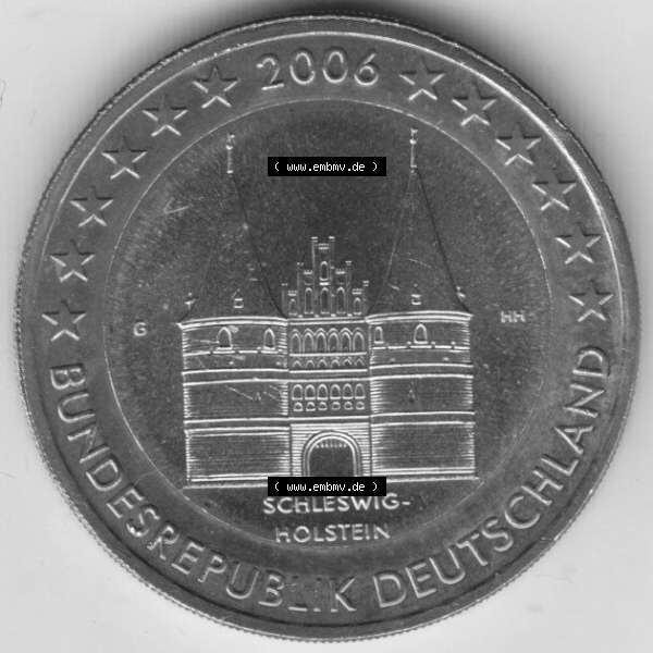 Grau bzw. s/w BRD-Deutschland 2 Euro Gedenkmünze 2006, 2 Euro Gedenkmünze 2006, Schleswig-Holstein Münzzeichen G in 600DPI, die deutschen 2 Euro Gedenkmünzen 2006 stehen als Digitale... Sammlung Graustufen
