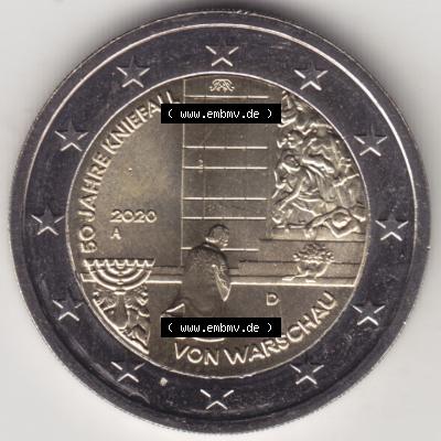 BRD-Deutschland 2 Euro Gedenkmünze 2020, 2 Euro Gedenkmünze 2020, 50 Jahre Kniefall von Warschau Münzzeichen A in 800DPI, die deutschen 2 Euro Gedenkmünzen 2020 als... Sammlung