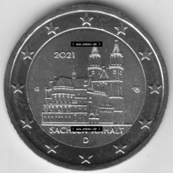 Grau bzw. s/w BRD-Deutschland 2 Euro Gedenkmünze 2021, 2 Euro Gedenkmünze 2021 Sachsen-Anhalt Münzzeichen G in 800DPI, die deutschen 2 Euro Gedenkmünzen 2021 stehen als Digitale Bilder... Sammlung Graustufen