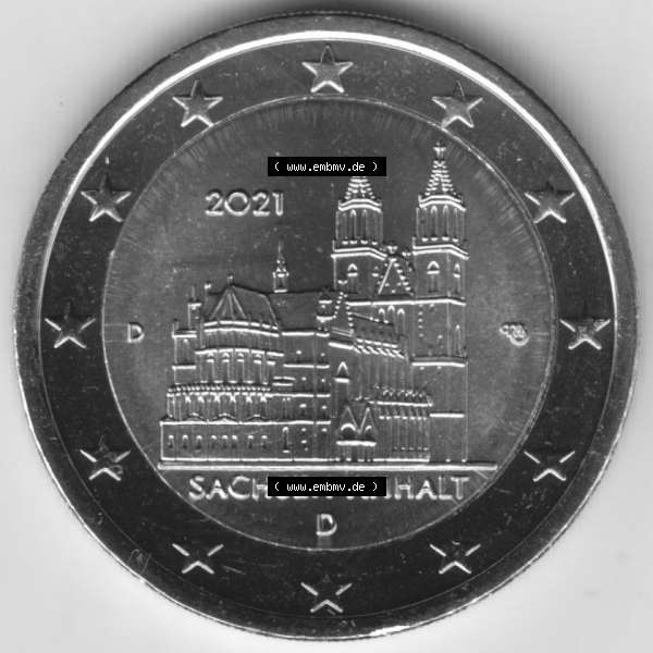 Grau bzw. s/w BRD-Deutschland 2 Euro Gedenkmünze 2021, 2 Euro Gedenkmünze 2021 Sachsen-Anhalt Münzzeichen D in 800DPI, die deutschen 2 Euro Gedenkmünzen 2021 stehen als Digitale Bilder... Sammlung Graustufen