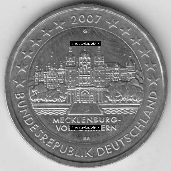 Grau bzw. s/w BRD-Deutschland 2 Euro Gedenkmünze 2007, 2 Euro Gedenkmünze 2007 Mecklenburg Vorpommern Münzzeichen G in 400DPI, die deutschen 2 Euro Gedenkmünzen 2007 stehen als Digitale... Sammlung Graustufen