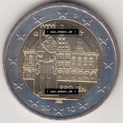 BRD-Deutschland 2 Euro Gedenkmünze 2010, 2 Euro Gedenkmünze Bremen Münzzeichen G in 800DPI, die deutschen 2 Euro Gedenkmünzen 2010 stehen als Digitale Bilder zum herunterladen... Sammlung
