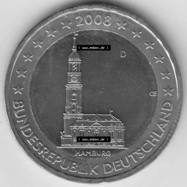 Grau bzw. s/w BRD-Deutschland 2 Euro Gedenkmünze 2008, 2 Euro Gedenkmünze 2008 Hamburg Münzzeichen D in 800DPI, die deutschen 2 Euro Gedenkmünzen 2008 stehen als Digitale Bilder zum herunterladen... Sammlung Graustufen