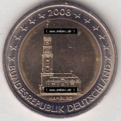 BRD-Deutschland 2 Euro Gedenkmünze 2008, 2 Euro Gedenkmünze 2008 Hamburg Münzzeichen F in 400DPI, die deutschen 2 Euro Gedenkmünzen 2008 stehen als Digitale Bilder zum herunterladen... Sammlung