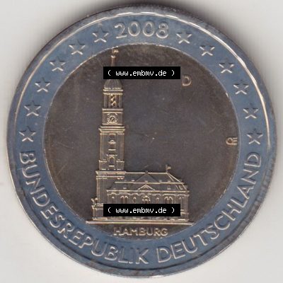 BRD-Deutschland 2 Euro Gedenkmünze 2008, 2 Euro Gedenkmünze 2008 Hamburg Münzzeichen D in 600DPI, die deutschen 2 Euro Gedenkmünzen 2008 stehen als Digitale Bilder zum herunterladen... Sammlung