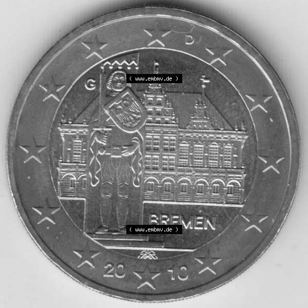 Grau bzw. s/w BRD-Deutschland 2 Euro Gedenkmünze 2010, 2 Euro Gedenkmünze Bremen Münzzeichen D in 600DPI, die deutschen 2 Euro Gedenkmünzen 2010 stehen als Digitale Bilder zum herunterladen... Sammlung Graustufen