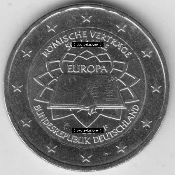 Grau bzw. s/w BRD-Deutschland 2 Euro Gedenkmünze 2007, 2 Euro Gedenkmünze 2007 50 Jahre Römische Verträge Münzzeichen F in 400DPI, die deutschen 2 Euro Gedenkmünzen 2007 stehen... Sammlung Graustufen