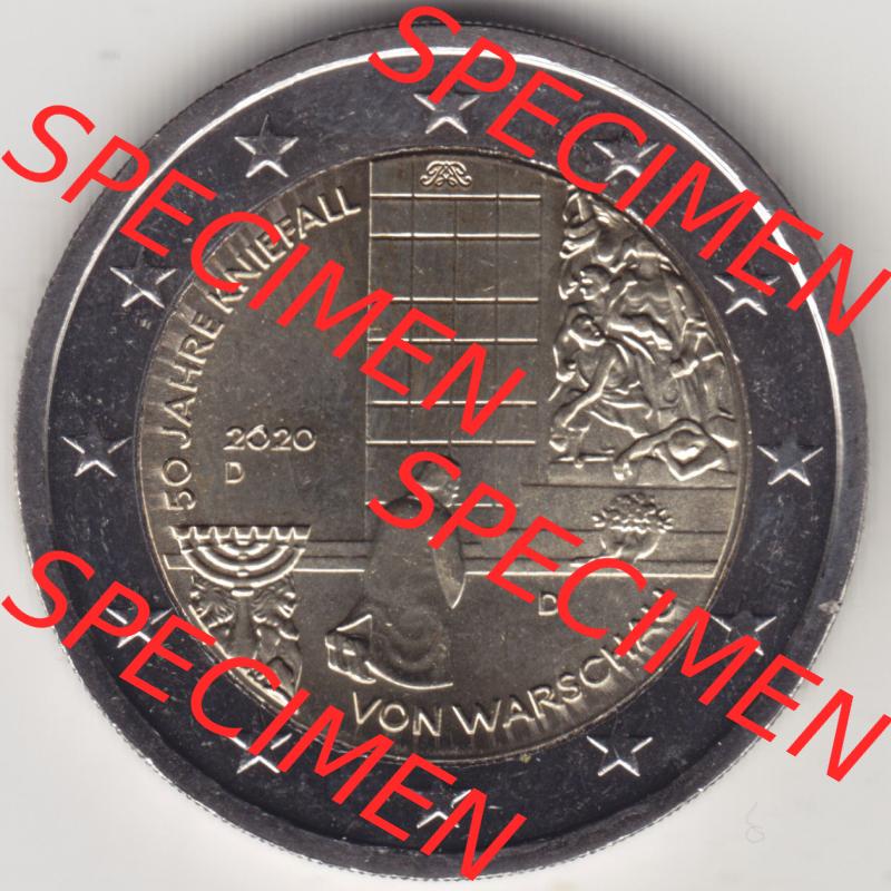 BRD-Deutschland 2 Euro Gedenkmünze 2020, 2 Euro Gedenkmünze 2020, 50 Jahre Kniefall von Warschau Münzzeichen D in 1200DPI, die deutschen 2 Euro Gedenkmünzen 2020 als... Sammlung