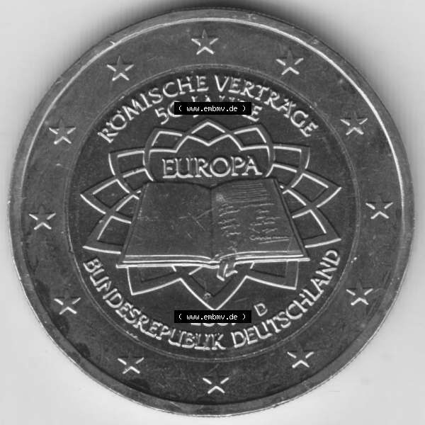 Grau bzw. s/w BRD-Deutschland 2 Euro Gedenkmünze 2007, 2 Euro Gedenkmünze 2007 50 Jahre Römische Verträge Münzzeichen D in 800DPI, die deutschen 2 Euro Gedenkmünzen 2007 stehen... Sammlung Graustufen