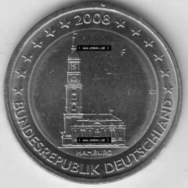 Grau bzw. s/w BRD-Deutschland 2 Euro Gedenkmünze 2008, 2 Euro Gedenkmünze 2008 Hamburg Münzzeichen F in 400DPI, die deutschen 2 Euro Gedenkmünzen 2008 stehen als Digitale Bilder zum herunterladen... Sammlung Graustufen