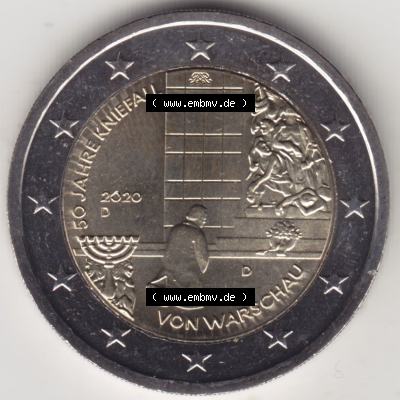 BRD-Deutschland 2 Euro Gedenkmünze 2020, 2 Euro Gedenkmünze 2020, 50 Jahre Kniefall von Warschau Münzzeichen D in 800DPI, die deutschen 2 Euro Gedenkmünzen 2020 als... Sammlung
