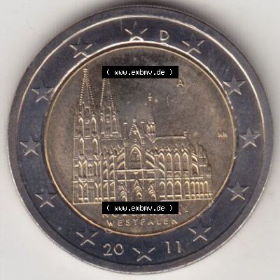 BRD-Deutschland 2 Euro Gedenkmünze 2011, 2 Euro Gedenkmünze 2011 Nordrhein-Westfalen Münzzeichen A in 400DPI, die deutschen 2 Euro Gedenkmünzen 2011 stehen als Digitale... Sammlung