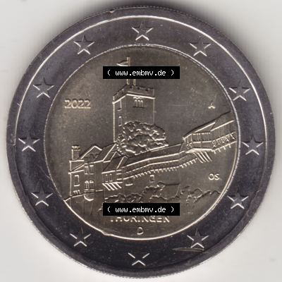 BRD-Deutschland 2 Euro Gedenkmünze 2022, 2 Euro Gedenkmünze 2022, Thüringen - Wartburg Münzzeichen A in 1200DPI, die deutschen 2 Euro Gedenkmünzen 2022 als Digitale... Sammlung