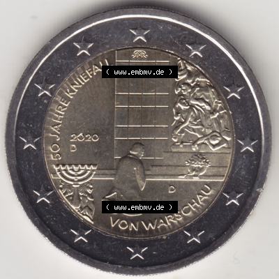 BRD-Deutschland 2 Euro Gedenkmünze 2020, 2 Euro Gedenkmünze 2020, 50 Jahre Kniefall von Warschau Münzzeichen D in 1200DPI, die deutschen 2 Euro Gedenkmünzen 2020 als... Sammlung